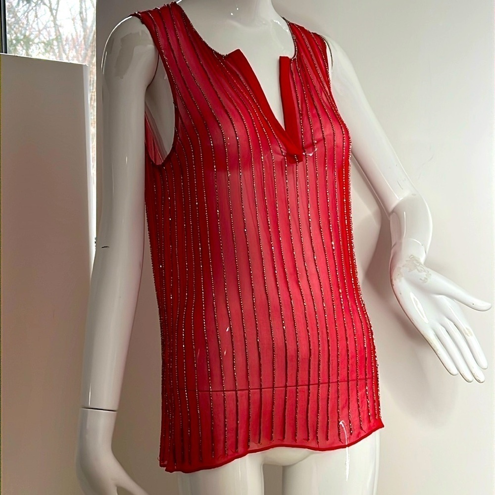 Parker Sz L Red Silk Beaded Sheer Tunic Top
